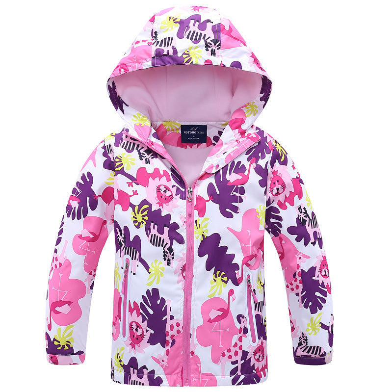 Girls' Jacket Hooded Outdoor Waterproof and Windproof Waist Warm Cardigan