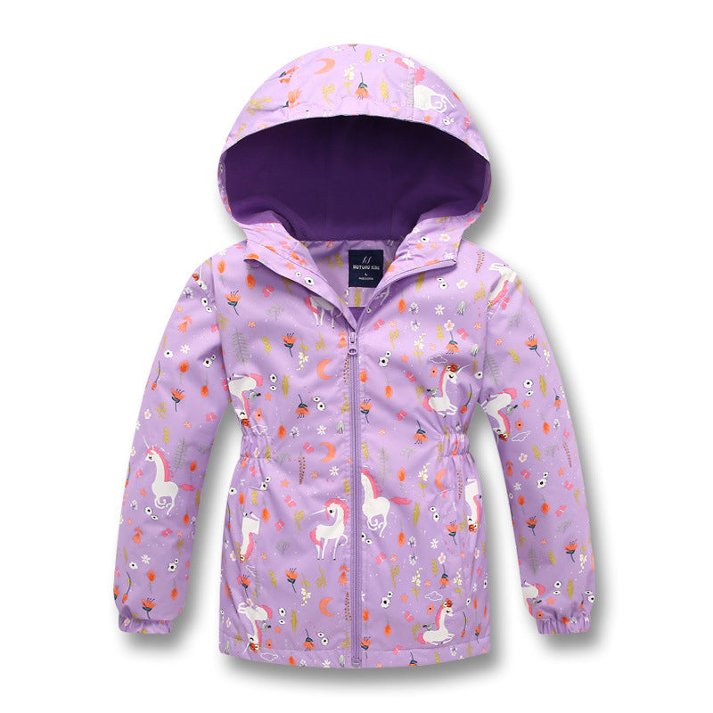 Girls' Jacket Hooded Outdoor Waterproof and Windproof Waist Warm Cardigan