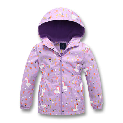 Girls' Jacket Hooded Outdoor Waterproof and Windproof Waist Warm Cardigan