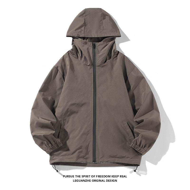Cross-border Men's Waterproof Jacket / Jacket Couple Trend Casual Hooded Solid Color Overalls